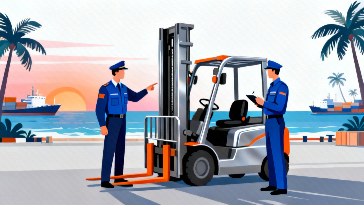 Illustration de deux inspecteurs contrôlant un chariot élévateur au lever du soleil