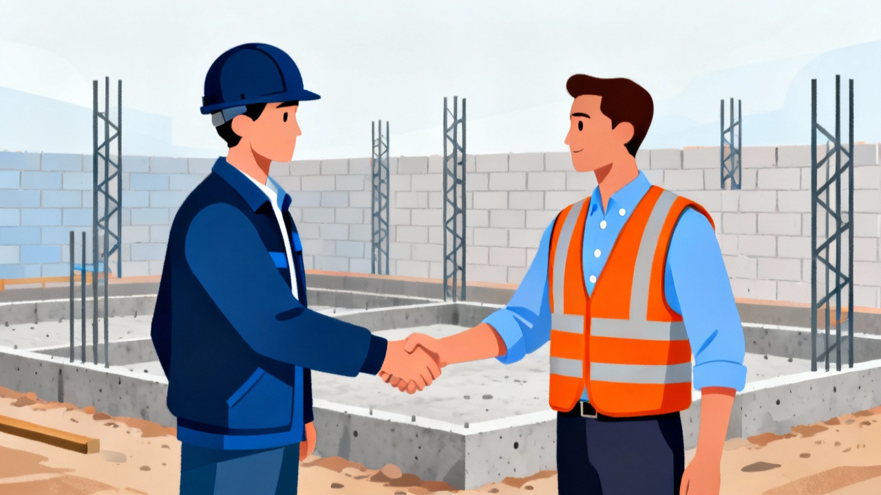 Illustration d'un responsable de chantier serrant la main d'un agent de conformité